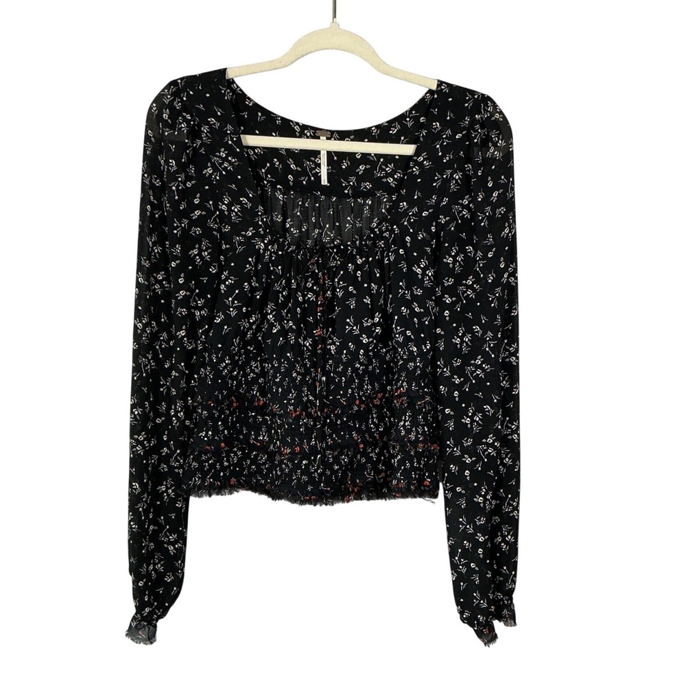 Free People Black Floral Smocked Long Sleeve Blouse Square Neck Size M